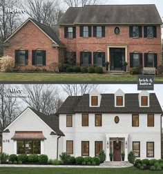 before and after pictures of a brick house with dormers on the roof, windows in the front and side