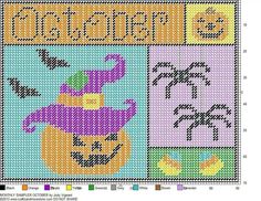 a cross stitch pattern with the words october and an image of a pumpkin on it