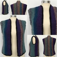 four pictures of different vests made with yarn