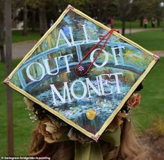 a woman wearing a graduation cap with the words all out of money written on it