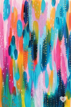 an abstract painting with blue, yellow and pink colors