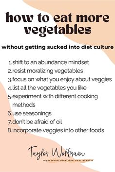 Looking for more ways to enjoy vegetables without getting sucked into diet culture? It could be helpful to check in with your motivations to eat more vegetables. And remember that you can eat a lot of vegetables without restricting other foods! Here you’ll learn about 8 simple tips to eating and enjoying more vegetables! #antidiet #dietculture #micronutrients #nutrientneeds #easynutrition #simplenutrition #healthytips #healthhacks #dietitian #vegetarian #vegan #mealprep #easyrecipeideas Eat More Veggies, Eat More Vegetables, Sweet Smoothies, Smoothies With Almond Milk, More Veggies, Eat A Lot, Nutrition Course, Simple Nutrition