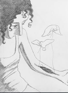 a drawing of a woman holding a bird in her right hand and looking at the ground