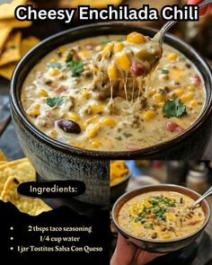 a bowl of cheesy enchilada chili is being lifted with a spoon