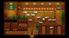 an old computer game with sheep and farm buildings