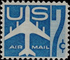 a blue and white stamp with an airplane on it's back side, which reads us air mail