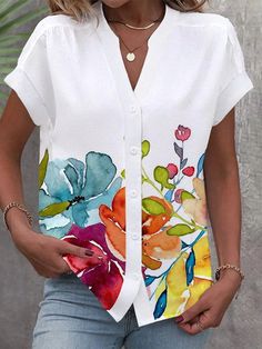 Shop Affordable  Women Blouses Summer Shirt&blouse Casual Shirt&blouse Floral Shirt&blouse Loose Daily Notched Short Sleeve On Justfashionnow.com Summer Blouses For Women, Buy Blouse, Batwing Sleeve Top, Trendy Tops For Women, Short Sleeve Shirt Women, Fashion Catalogue, Summer Blouses, Loose Blouse, Floral Print Shorts