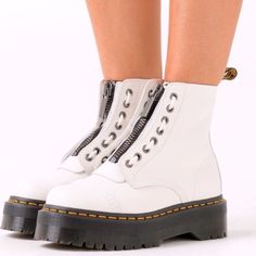 Dr Martens Sinclair, An 8-Eye Women' Laces And A Zipper Plus Puritan Stitching On The Toe-Cap And A Chunky, Empowering Platform Sole. Stitching, Grooved Sides And A Scripted Heel-Loop Platform Height: 1 1/2 In; Heel Height: 1 7/8 In Size: Us/11 Uk/9 Brand New With Box Color : White White Boots With Zipper For Fall, White Boots With Zipper Closure For Fall, White Casual Boots With Zipper Closure, White Boots With Zipper Closure For Spring, White Ankle-high Boots With Zipper, White Leather Boots With Zipper Closure, Sinclair Dr Martens, Black Lether, Dr Martens Sinclair