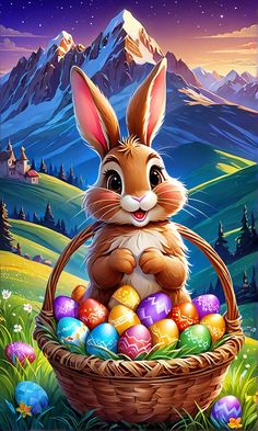 an easter bunny sitting in a basket full of painted eggs with mountains in the background