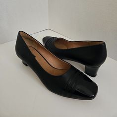 Black Leather Pumps - Size 9.5. Never Worn Out - Excellent Condition Black Closed Toe Court Shoes For Spring, Black Wide Fit Heels With Padded Heel, Black Wide Fit Round Toe Heels, Black Low Heel Court Shoes For Fall, Black Court Shoes With Reinforced Heel For Spring, Spring Black Court Shoes With Reinforced Heel, Black Synthetic Heels With Wide Fit, Black Closed Toe Wide Fit Heels, Black Wide Fit Closed Toe Heels