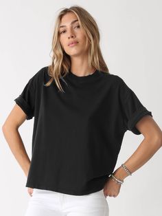 Your search for the perfect classic tee is over with the Monica tee. Made of ultra-soft cotton, with a relaxed fit and crew neck, you’ll want to live in this tee and own it in every color. Fabric: 100% Cotton. Color-way: Onyx. Models are 5'9" and wearing size small. Machine Wash. Tumble dry low. Made in the USA. Every Color, Own It, Color Fabric, Rose Color, Womens Clothing Tops, New Product, Fashion Clothes Women, Onyx, Full Length