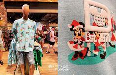 two pictures of people shopping in a store and one has a mickey mouse t - shirt on