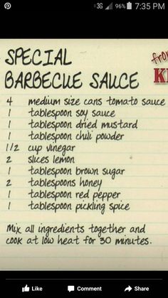 a recipe for barbecue sauce written on a piece of paper with the words, special barbecue sauce