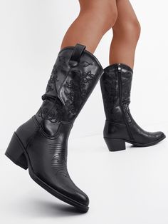 Black  Collar     Embellished   Women Shoes Spring Black Mid-calf Boots, Black Knee-high Moto Boots For Spring, Western Black Knee-high Boots For Spring, Black Mid-calf Heeled Boots For Spring, Spring Black Mid-calf Heeled Boots, Black High Ankle Western Martin Boots, Western Black High Heel Knee-high Boots, Black Western Mid-calf Boots With Wide Calf, Western Style Black Mid-calf Boots With Wide Calf