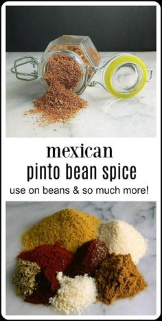 mexican pinto beans and other spices on a white counter top with text overlay that reads, how to use pinito bean spice