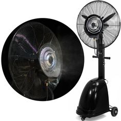 a black fan sitting on top of a metal stand