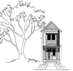 a drawing of a house next to a tree