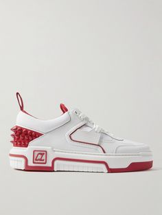 Following suit of the '90s basketball styles that inspired them, Christian Louboutin's 'Astroloubi' sneakers are characterised by a chunky profile and panelled construction. They've been made in Italy from leather and breathable mesh and embellished with signature spikes. The Maison's varsity monogram leaves no room for mistake. Luxury White Sneakers With Spikes, Designer Lace-up Sneakers With Spikes, White Leather Sneakers With Reflective Details, Louboutin Trainers, Men’s Christian Louboutin, White Mesh, Up Styles, Red Leather, Top Sneakers