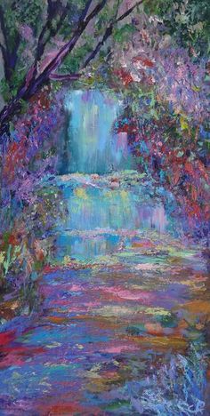 a painting of water lilies and trees on the side of a river with purple flowers