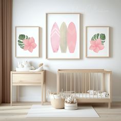 a baby's room with pink and green art on the wall