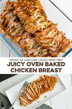 sliced chicken on a white plate with text overlay that reads whole 30 low carb pale meal prep juicy oven baked chicken breast