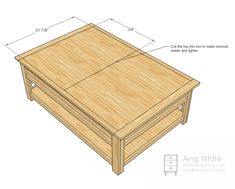 a coffee table with measurements for the top and bottom section, including an open drawer