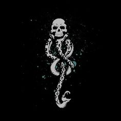 a skull and octopus tattoo on a black background with white ink in the shape of a snake