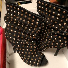 Cute Nib Open Toe Booties, Fabric Is A Dark Denim With Gold Studs Studded Ankle Boot Heels For Night Out, Ankle-high Studded Heels, Casual Spiked High Heels, Studded Closed Toe Heels For Fall, Fall Studs Closed Toe Heels, Fall Closed Toe Heels With Studs, Fall Heels With Studs And Closed Toe, Fall Ankle Boot Heels With Spikes, Spiked Ankle Boot Heels For Fall