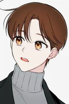 an anime character with brown hair wearing a black jacket and gray turtle neck sweater, looking at the camera