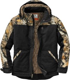 Built tough to work hard and play even harder!  Stay warm and dry with the heavy duty water repellent 10 oz. sanded canvas that's washed down for a comfortable fit right off the bat.  Features plenty of hollow fill  insulation heavy duty zipper with storm flap double interior pocket and zip-off hood.  High definition Big Game Camo accents and embroidered Signature Buck logo. Quilted Jacket Men, Camo Outfits, Hunting Jackets, Workwear Jacket, Hunting Clothes, Camo Jacket, Coat Black, Country Outfits, Big Game