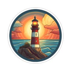 a round sticker with a lighthouse on the ocean and clouds in the background at sunset