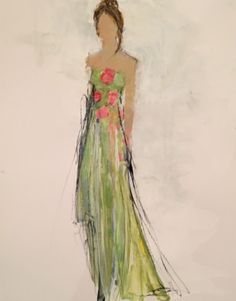 a painting of a woman in a green dress with flowers on it's back