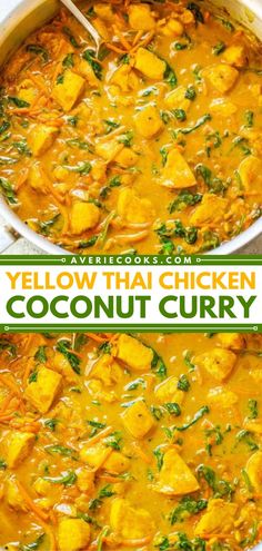 yellow thai chicken coconut curry in a white bowl