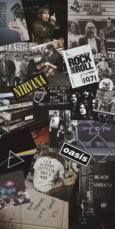 collage of black and white photos with the word nirvana on them