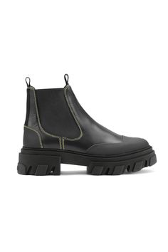 Signature Chelsea boots in leather, featuring super chunky ribbed rubber soles and toe caps. <ul> <b>Size & Fit<br></b> <li>Fits small to size, take a size up for a more comfortable fit </li> <li>Hit just above the ankle, bootie style </li> <li>Chelsea style, slip on with elastic and front/back pull-tabs </li> <li>Comfortable 5cm heel </li> <br><br> <b>Details</b> <li>100% leather upper with rubber soles </li> <li>Pronounced rubber welts </li> <li>Round toe </li> <li>Subtle GANNI log Creeper Boots, Short Cowboy Boots, Chunky Chelsea Boots, Low Ankle Boots, Platform Chelsea Boots, Jeans Boots, Block Heel Ankle Boots, Chelsea Ankle Boots, Black Chelsea Boots