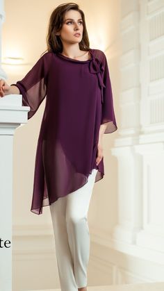 Camicia lunga Blus Sifon, Pakistani Dress Design, Stylish Dress Designs, Purple Top, Designer Dresses Indian, Pakistani Dresses