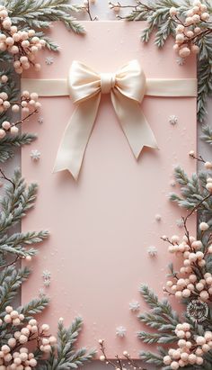 a pink christmas card with a bow on it and pine branches around the edges, surrounded by snowflakes