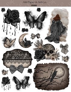 Gothic Lace Stickers Gothic Stationary Paper, Cool Printables, Black Paper Scrapbook, Black Journal Stickers, Stickers To Print Out, Stuff To Print, Scrapbook Journal Stickers, Black Scrapbook Paper, Goth Stickers