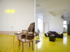 two pictures of a living room with yellow floors and furniture in it, one has a love sign on the wall