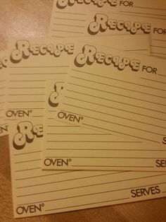 five recipe cards with the words oven and stove written in cursive writing on them