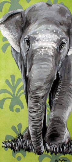 an elephant is standing in front of a green and blue wallpaper with flowers on it