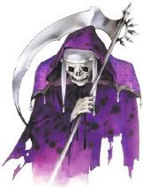 a skeleton dressed in purple and holding a sceptacle with a long silver staff