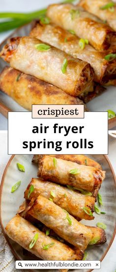 These extra crispy air fryer spring rolls are so easy to make and packed with a flavorful ground chicken filling. They're lighter, healthier, and even crispier than traditional deep-fried ones. Perfect as an appetizer or side dish! You can use other meats like ground pork, ground turkey, or ground beef. You can even make these spring rolls vegetarian and vegan with tofu or extra mushrooms. Easy and healthy appetizer! Beef Spring Rolls Recipe, Spring Rolls Vegetarian, Air Fryer Spring Rolls, Healthy Spring Rolls, Homemade Spring Rolls, Pork Spring Rolls, Spring Rolls Recipe, Veggie Spring Rolls, Fried Spring Rolls