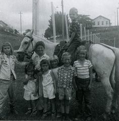 a group of children standing next to a white horse