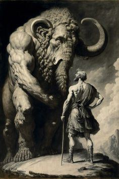 an old painting of a man standing next to a large animal with long tusks