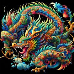 a colorful dragon on a black background