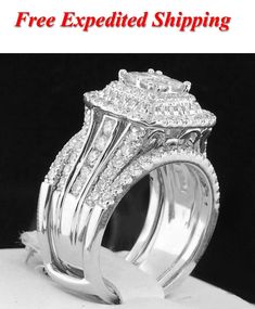 a white gold ring with three rows of diamonds on it and the words free engraving