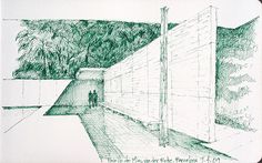 a drawing of a person standing in front of a wall with trees and bushes behind it