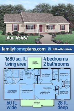 two story house plan with 3 bedroom and 2 bathrooms in the front, an open floor plan