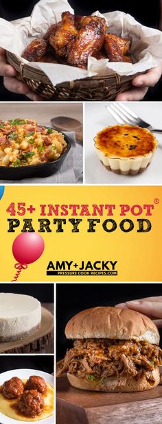 an advertisement for a party food restaurant with pictures of different foods and dishes on it